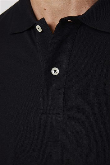 Erkek Polo Yaka Slim Fit Düz Pamuk Pike Siyah Tişört