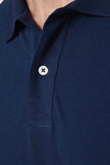 Erkek Polo Yaka Slim Fit Düz Pamuk Pike Lacivert Tişört