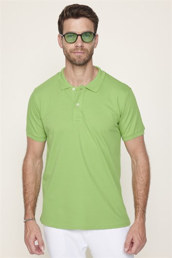 Erkek Polo Yaka Slim Fit Düz Pamuk Pike Yeşil Tişört