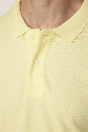 Erkek Polo Yaka Slim Fit Düz Pamuk Pike Sarı Tişört