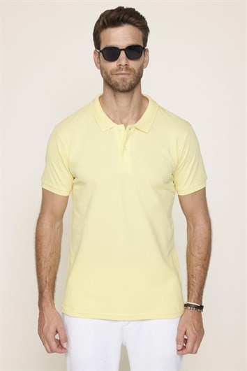 Erkek Polo Yaka Slim Fit Düz Pamuk Pike Sarı Tişört