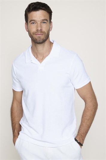 Erkek Polo Yaka Slim Fit Terrycloth Havlu Kumaş Beyaz Tişört