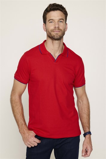 Erkek Polo V Yaka Slim Fit Düğmesiz Pamuk Pike Kırmızı Tişört