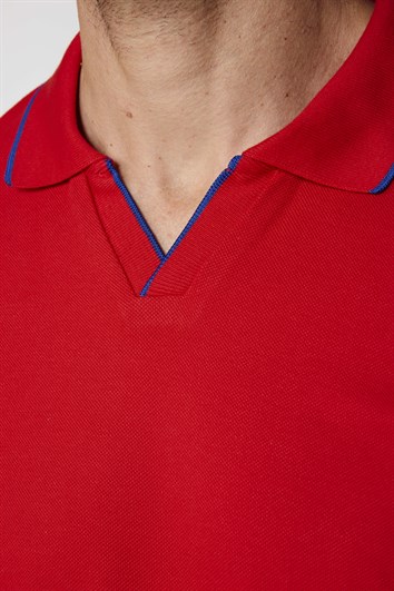 Erkek Polo V Yaka Slim Fit Düğmesiz Pamuk Pike Kırmızı Tişört