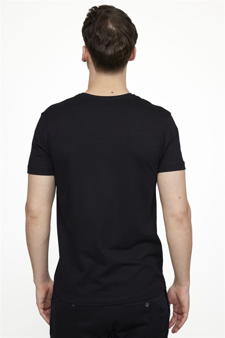 Slim Fit V Yaka Düz Basıc Kısa Kol  Siyah Tişört