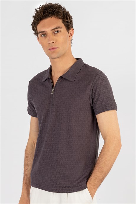 Slim Fit Hajar Desenli Fermuarlı Polo Yaka Erkek T-Shirt