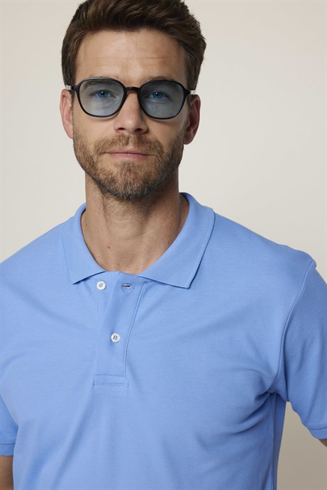 Erkek Polo Yaka Slim Fit Düz Pamuk Pike Mavi Tişört