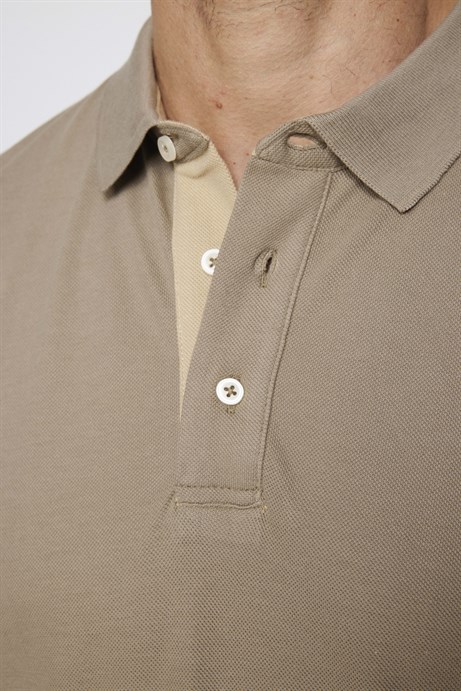 Erkek Polo Yaka Slim Fit Düz Pamuk Pike Bej Tişört