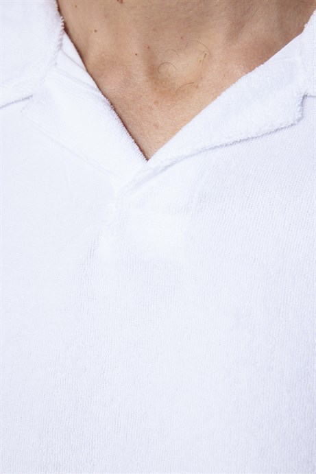 Erkek Polo Yaka Slim Fit Terrycloth Havlu Kumaş Beyaz Tişört