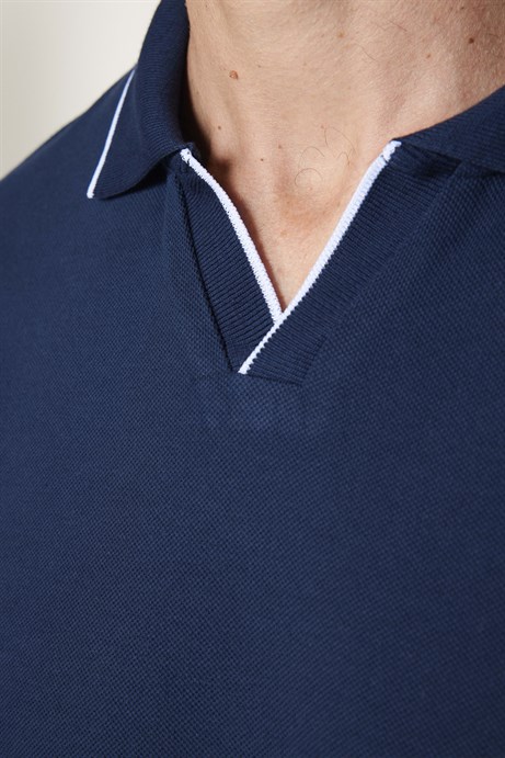 Erkek Polo V Yaka Slim Fit Düğmesiz Pamuk Pike Lacivert Tişört