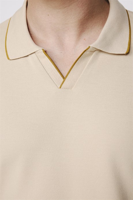 Erkek Polo V Yaka Slim Fit Düğmesiz Pamuk Pike  Tişört