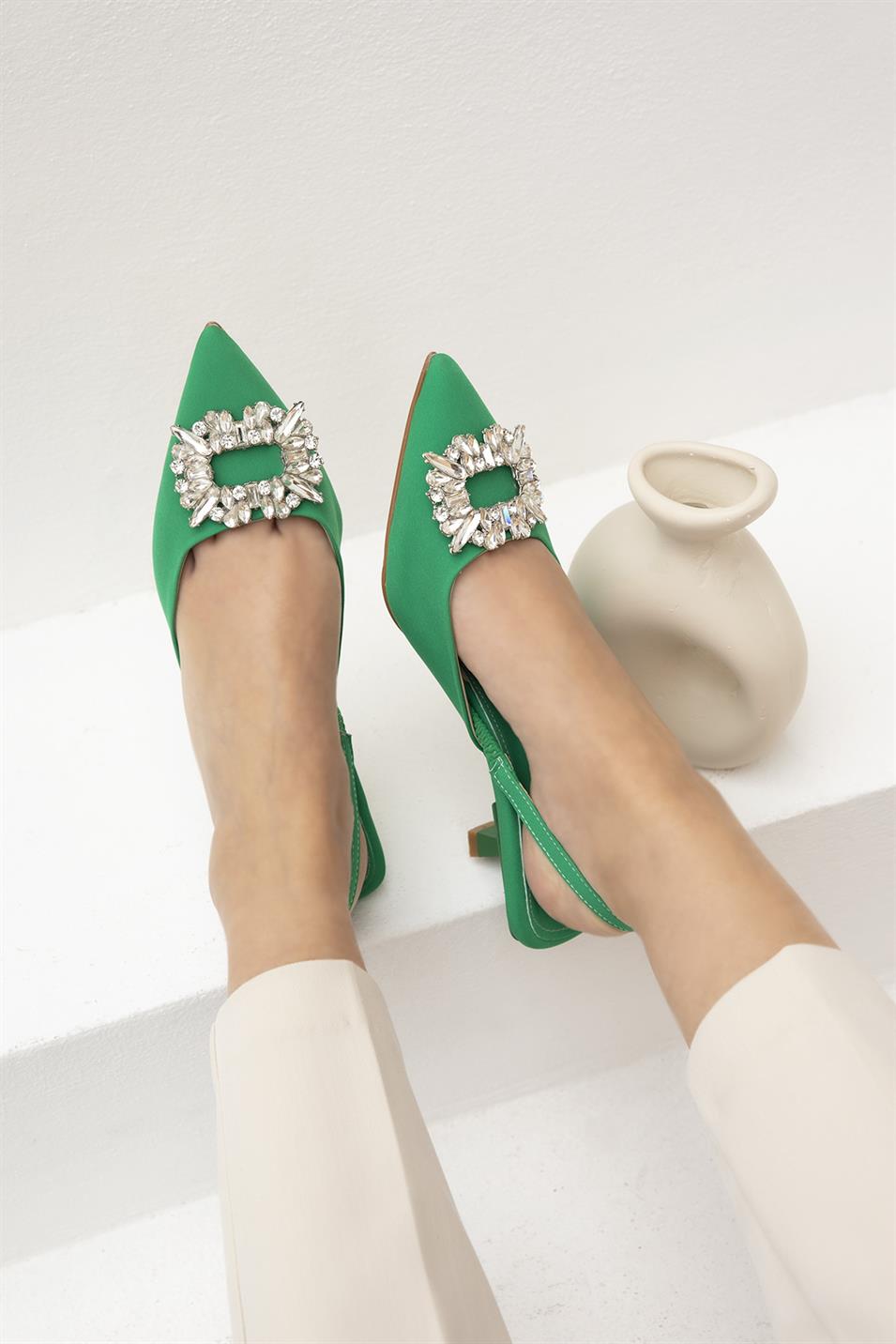 Bates Kadın Topuklu  Taş Detay Kumaş  Sandalet Yeşil