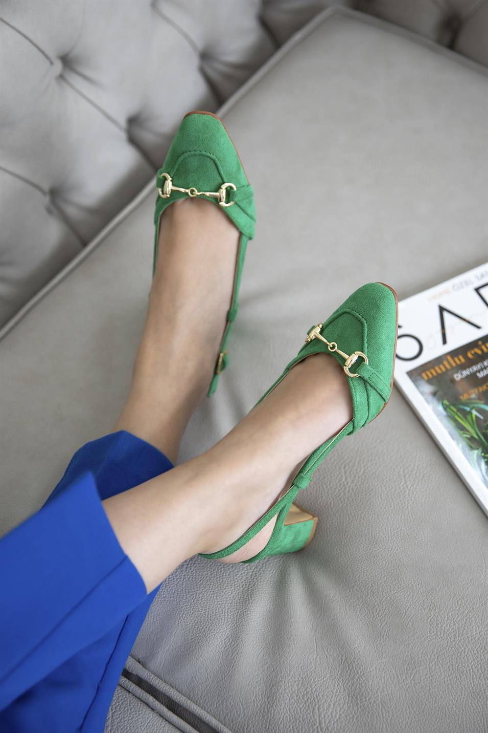 Emma  Kadın Toka Detay  Süet Topuklu Ayakkabı Yeşil