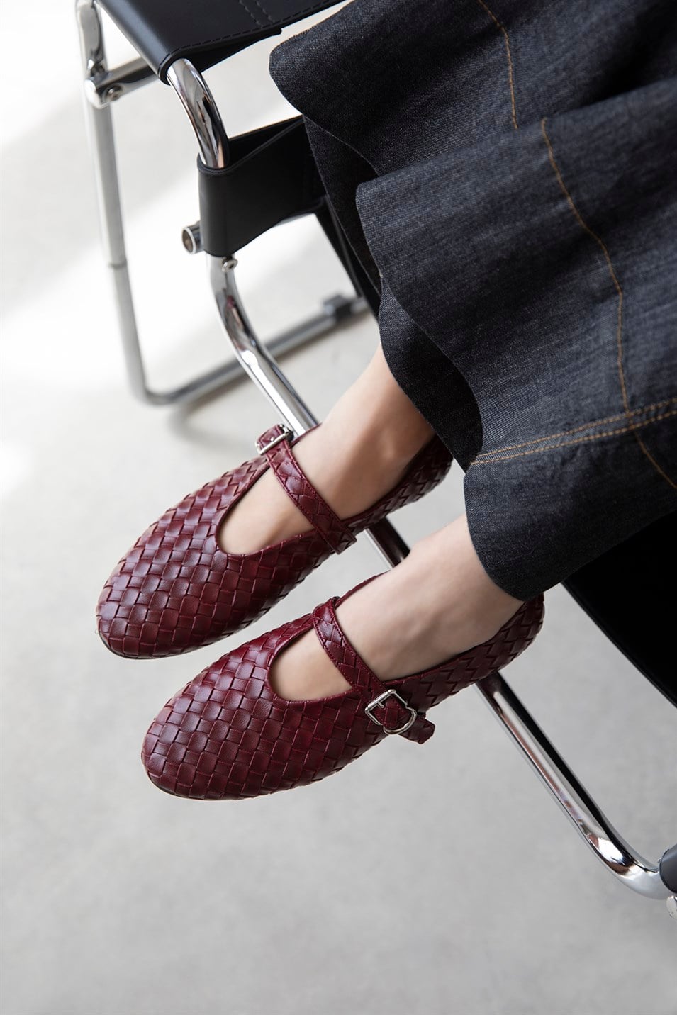 Jun Kadın Örgü Detay Deri Babet Açık Bordo