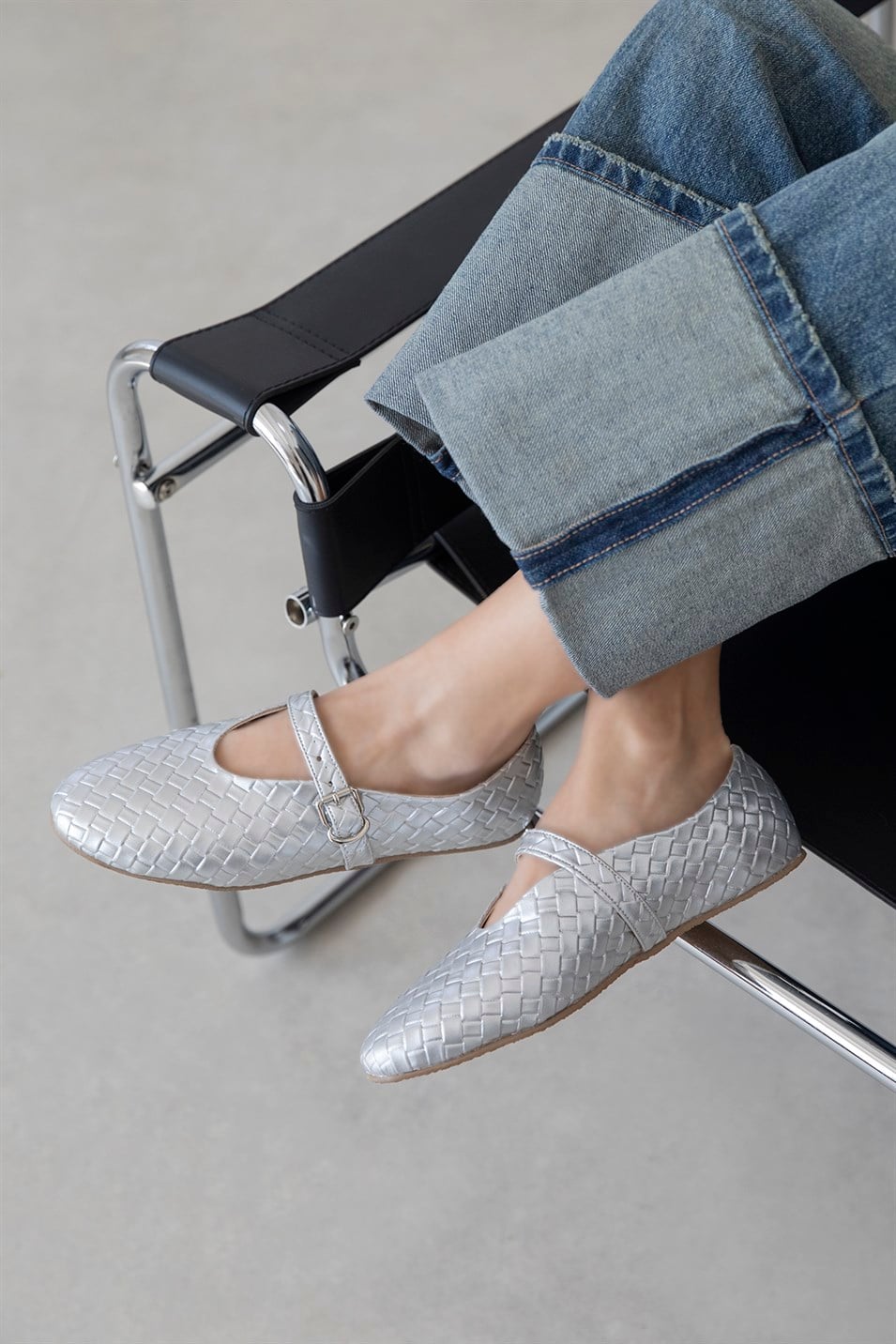 Jun Kadın Örgü Detay Deri Babet Gümüş