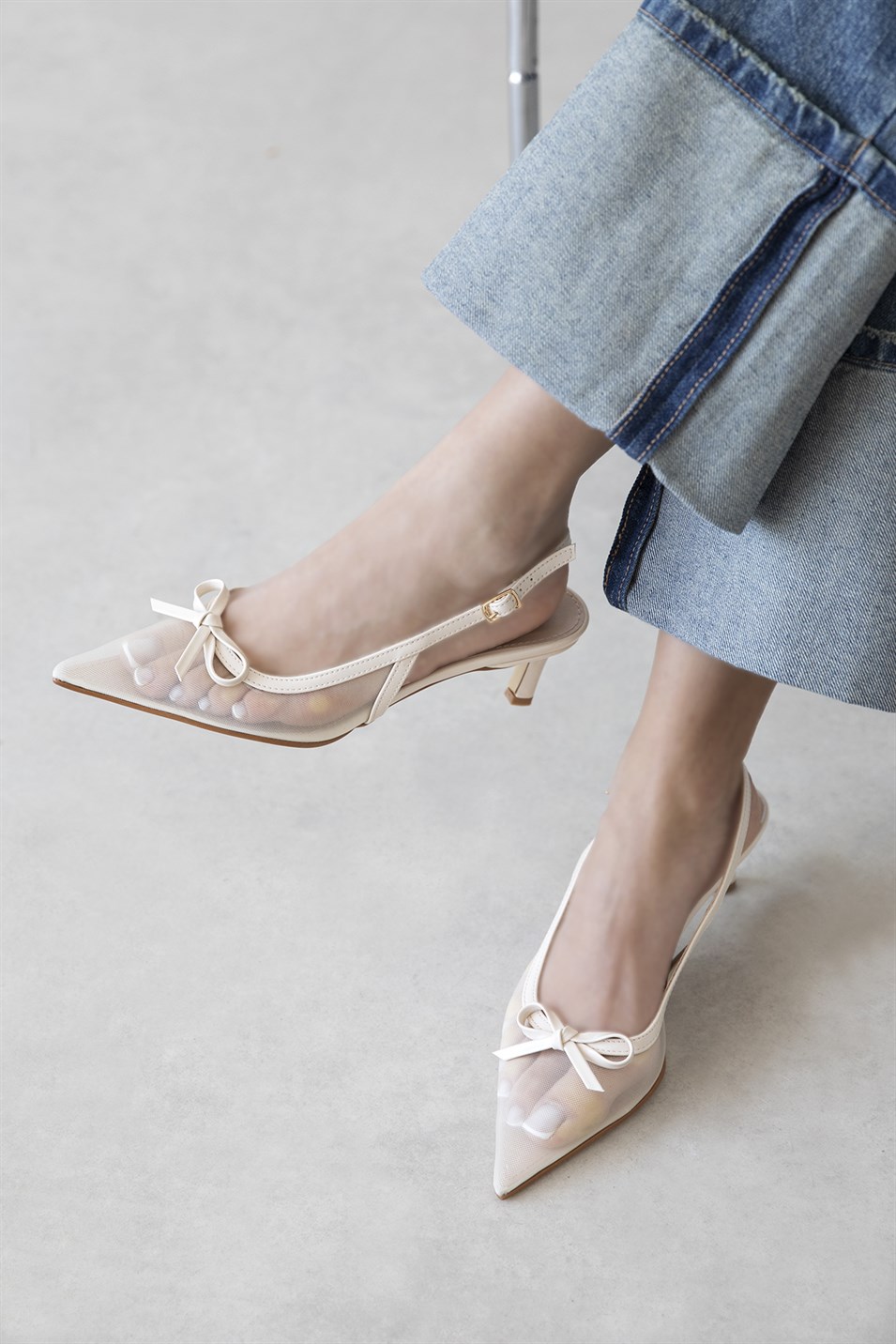 Noble  Kadın Topuklu File Detay Kırışık Deri Ayakkabı Bej