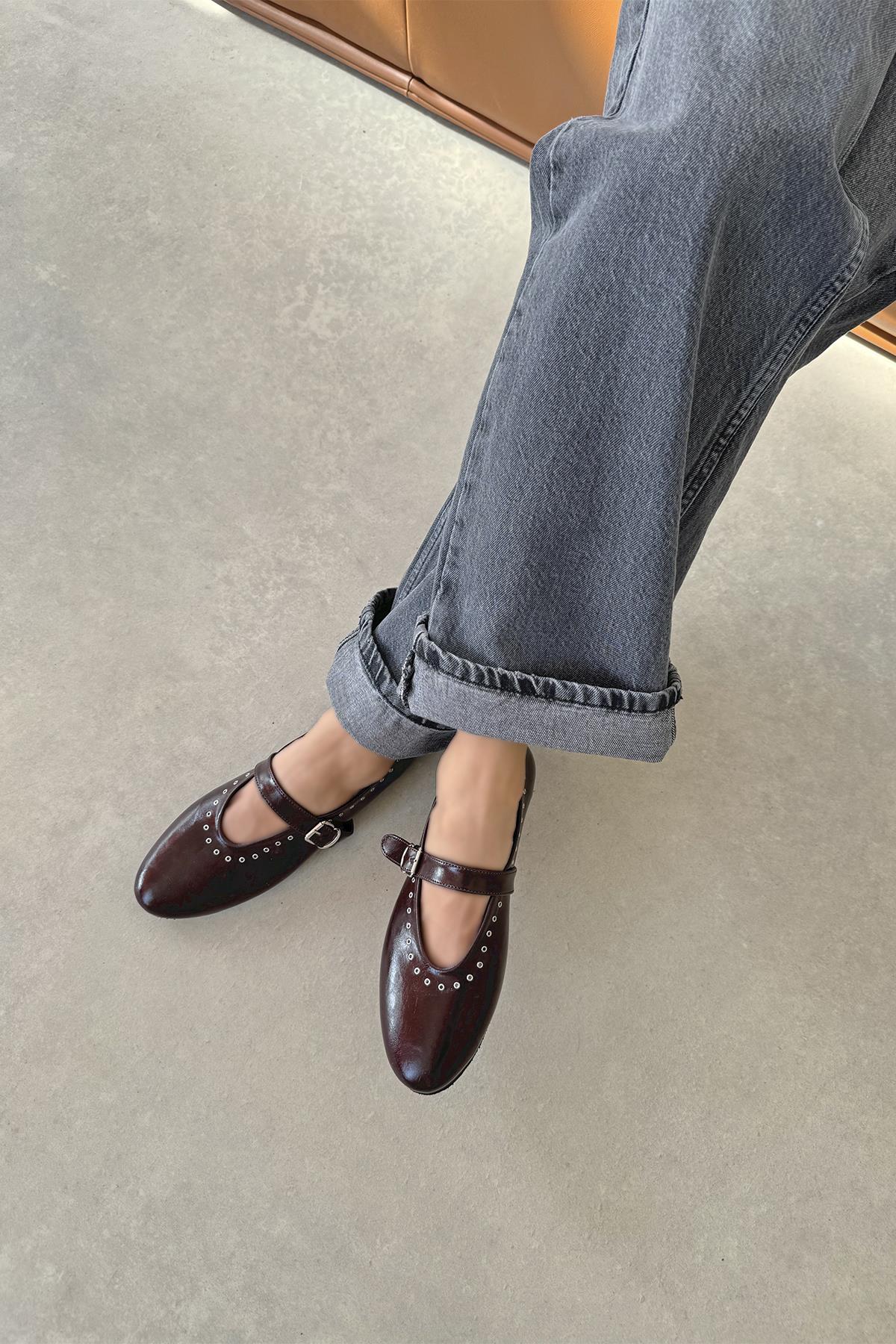 Abner  Kadın Drop Detay Kırışık Deri Babet Bordo