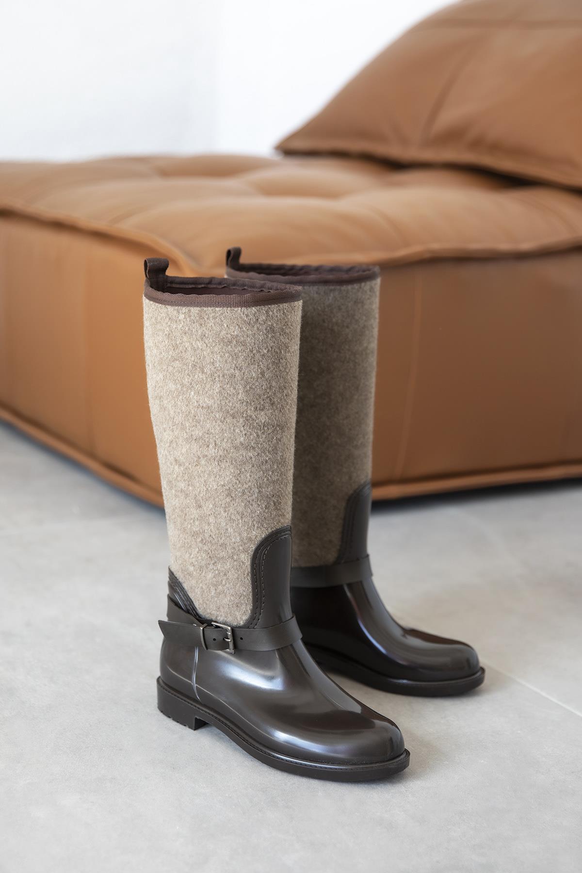 Anders   Kemer Detaylı   Kadın Yağmur  Çizme Kahve