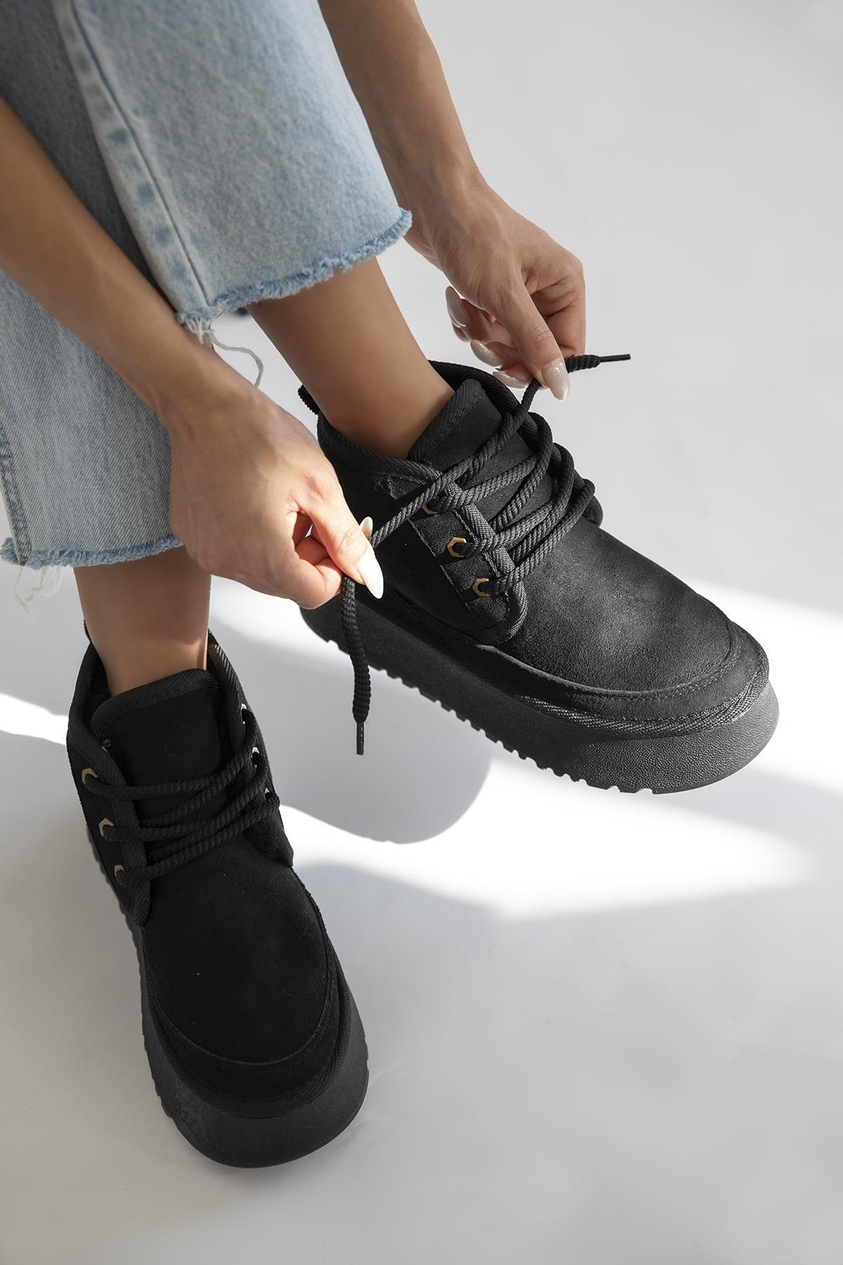 Ansel  Kadın  İçi Tüylü Kalın Taban  Süet  Bot Siyah