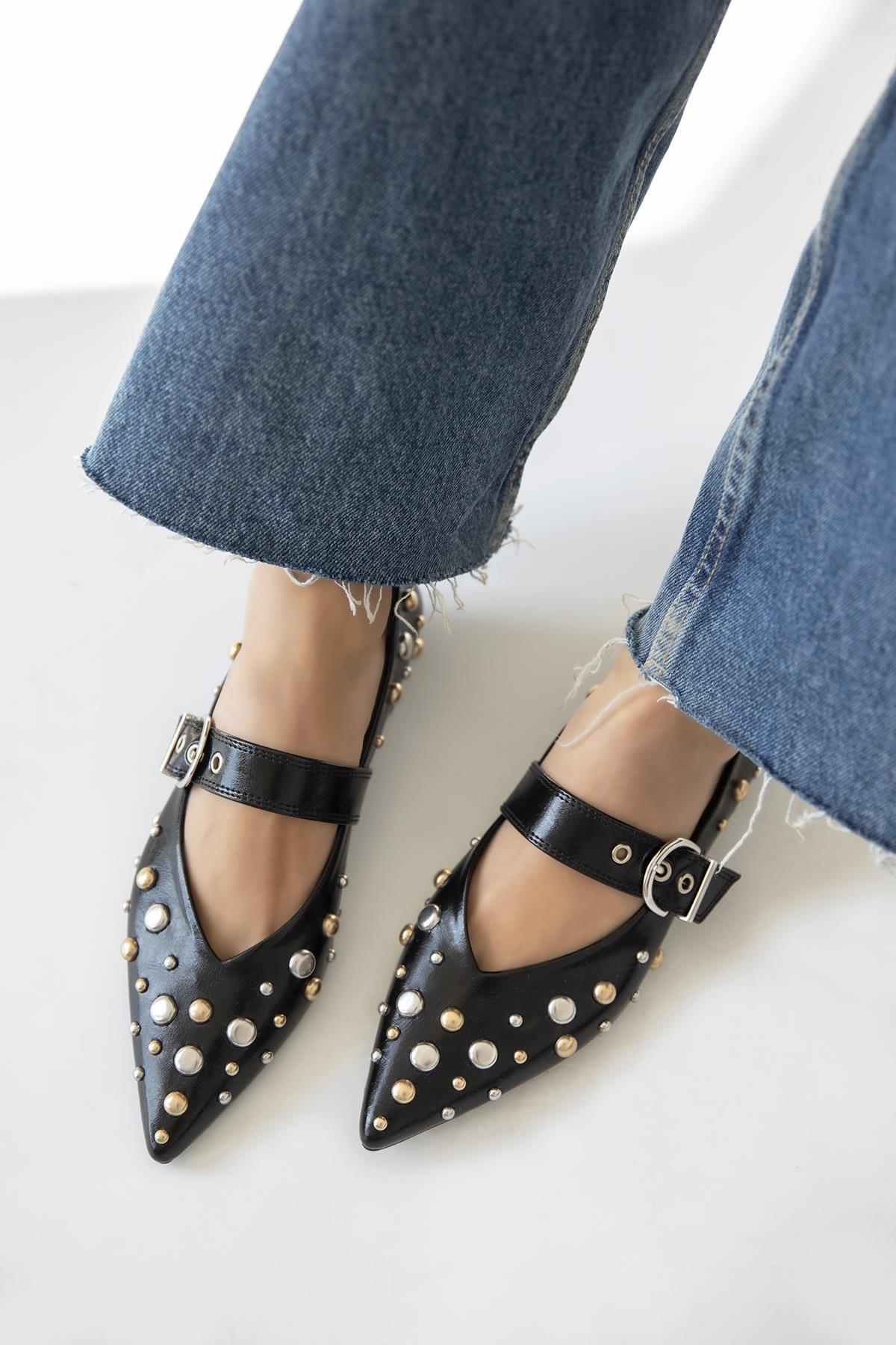 Aqua  Kadın  Drop  Detay  Deri  Babet Siyah