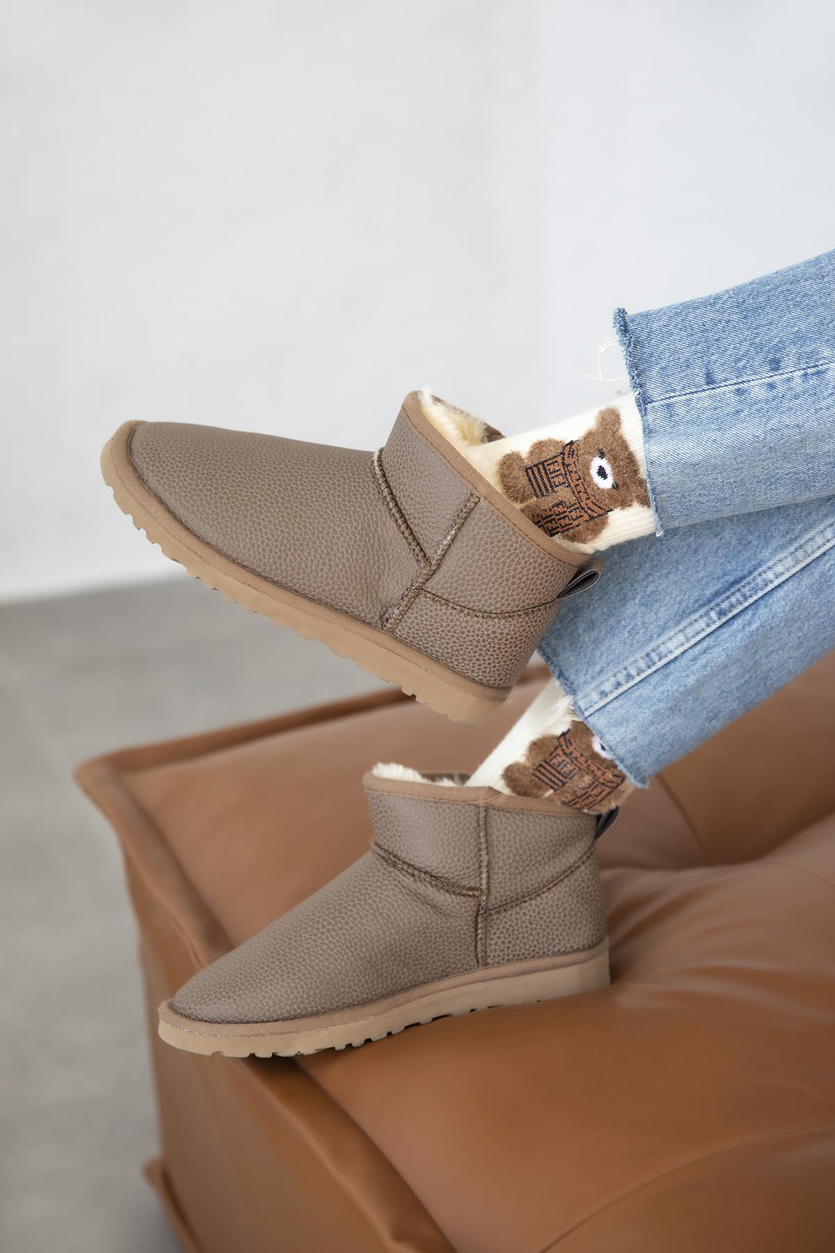 Asia Kadın  İçi Tüylü Kalın Taban  Deri  Yarım  Bot Vizon