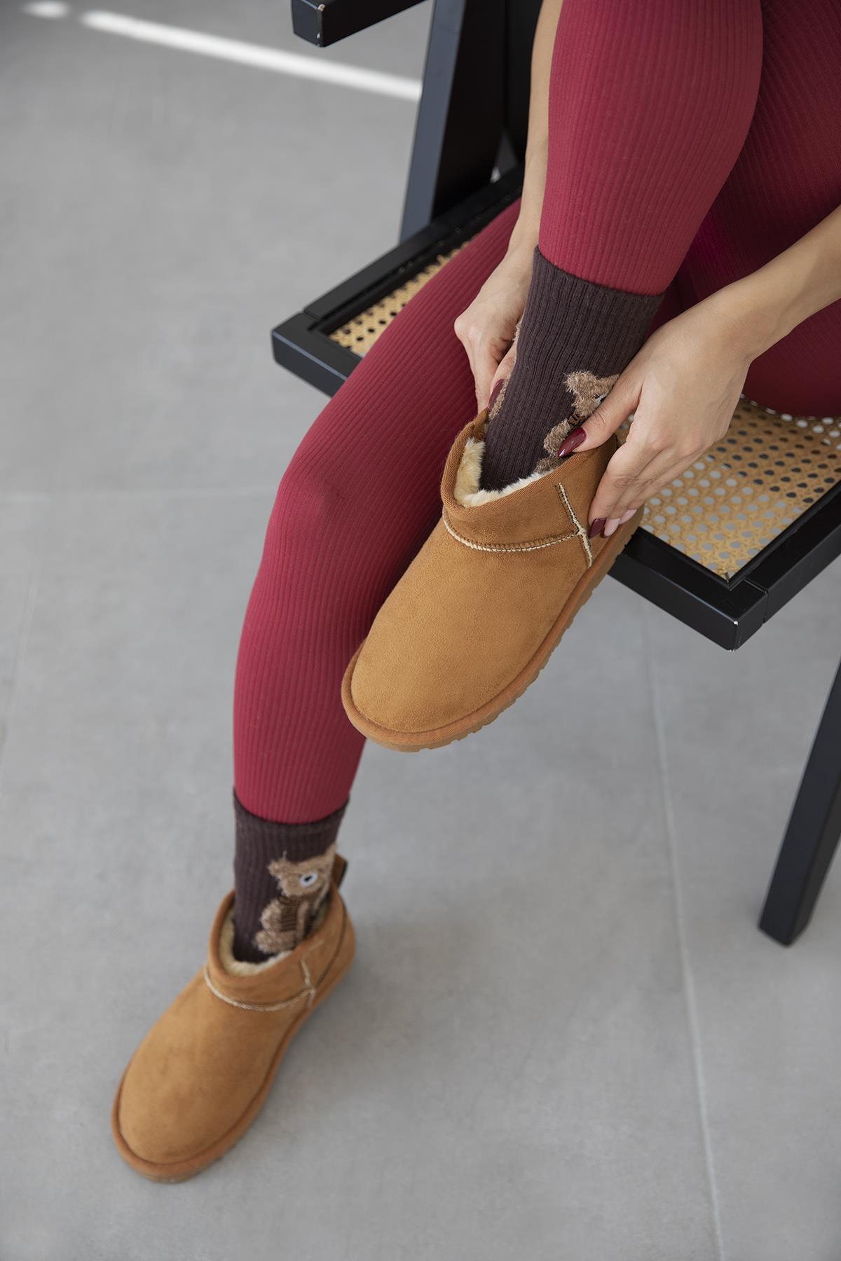Asia Kadın  İçi Tüylü Kalın Taban  Süet Yarım  Bot Taba