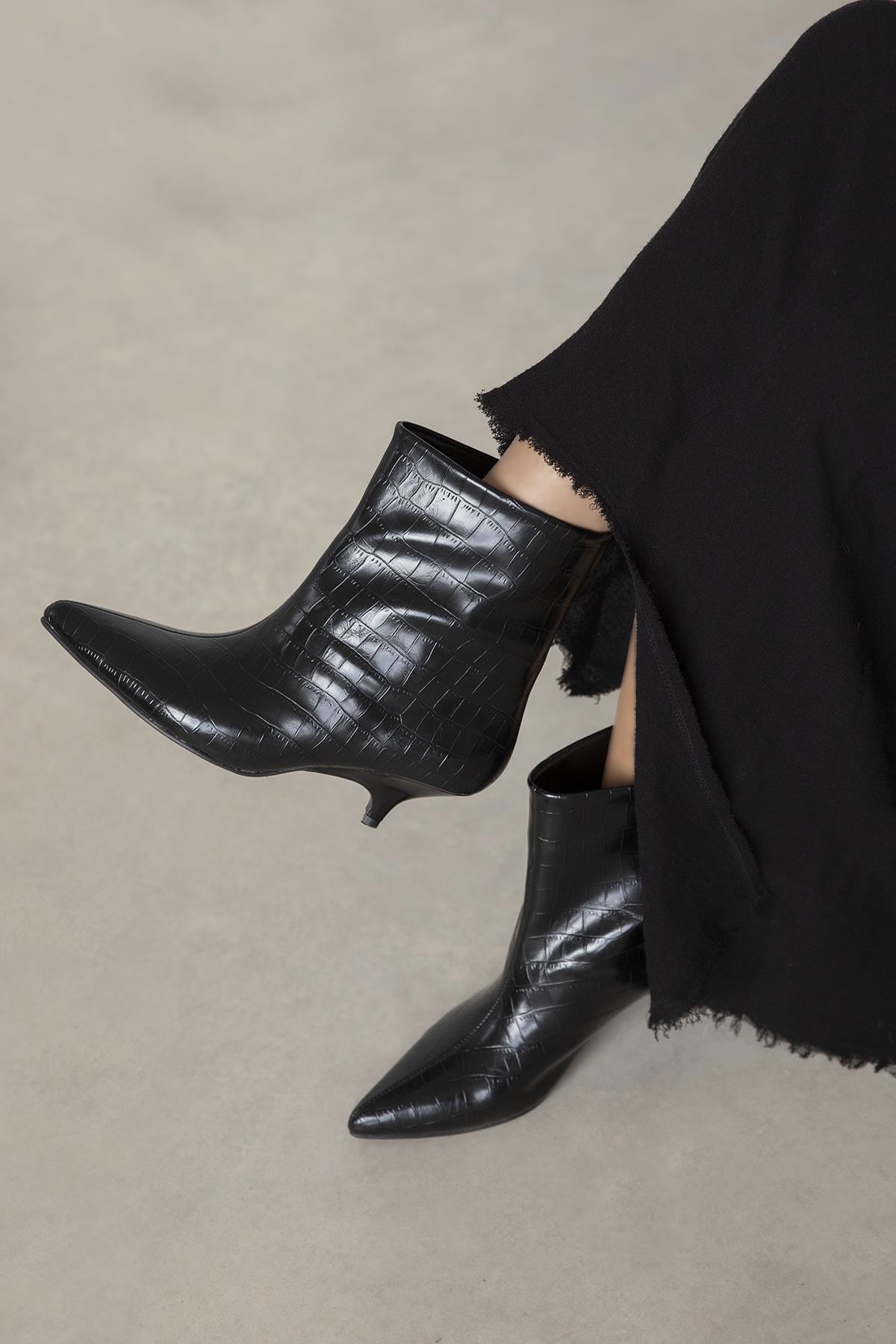 Bella Kadın Pino Ökce Kroko  Deri Bot Siyah
