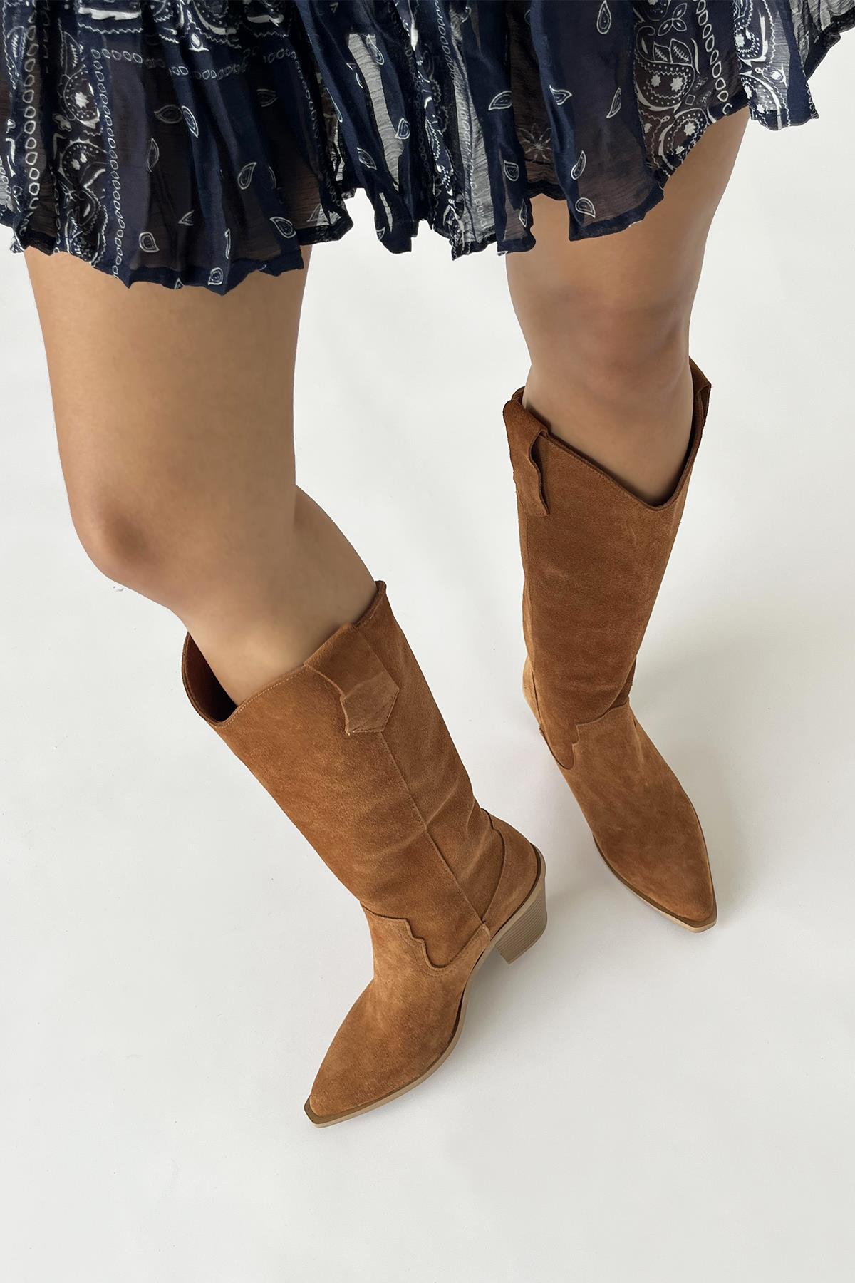 Belt  Kadın  Sivri  Burun Hakiki Deri  Süet  Çizme Taba