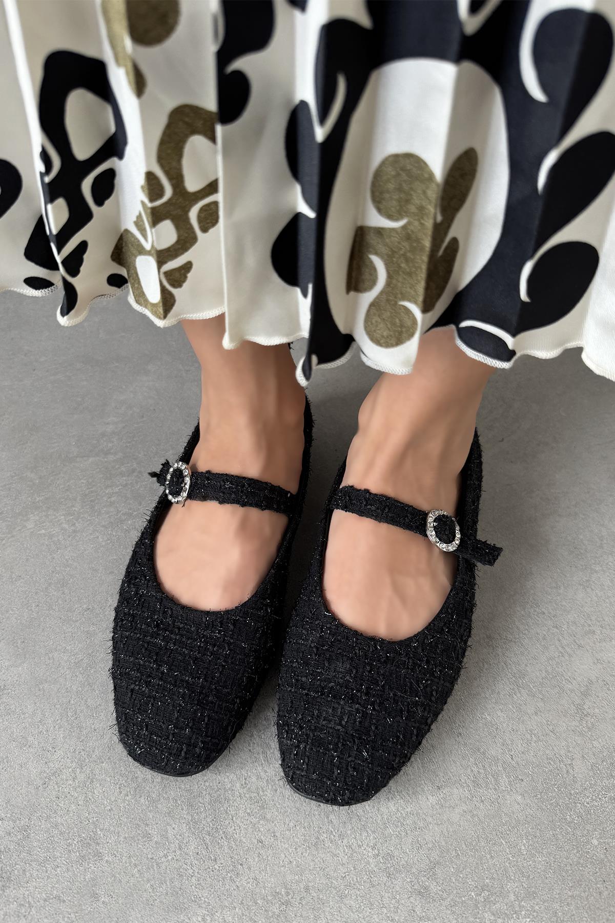 Berny Kadın Kemer Detay Keten Babet Siyah