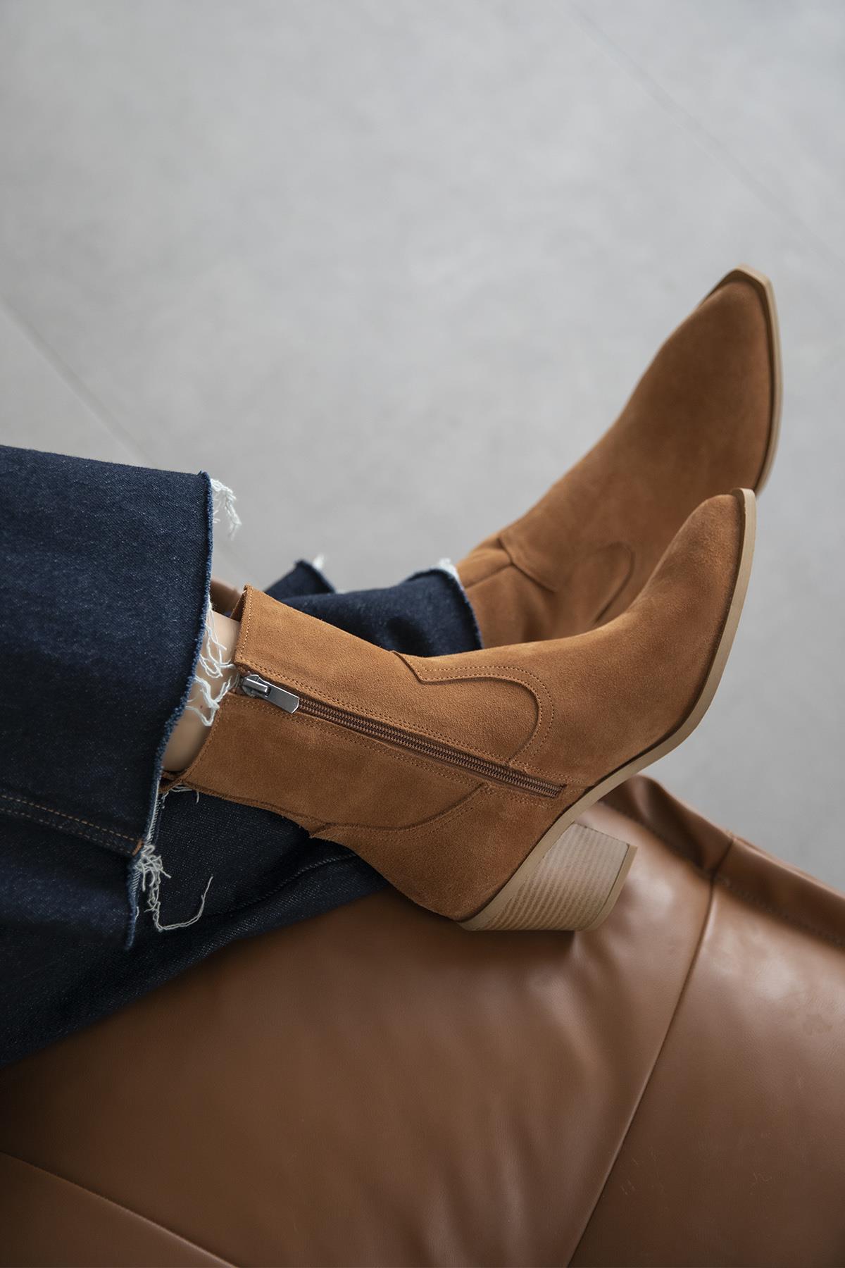 Cameron Kadın Hakiki Deri Süet Topuklu Deri Bot Taba