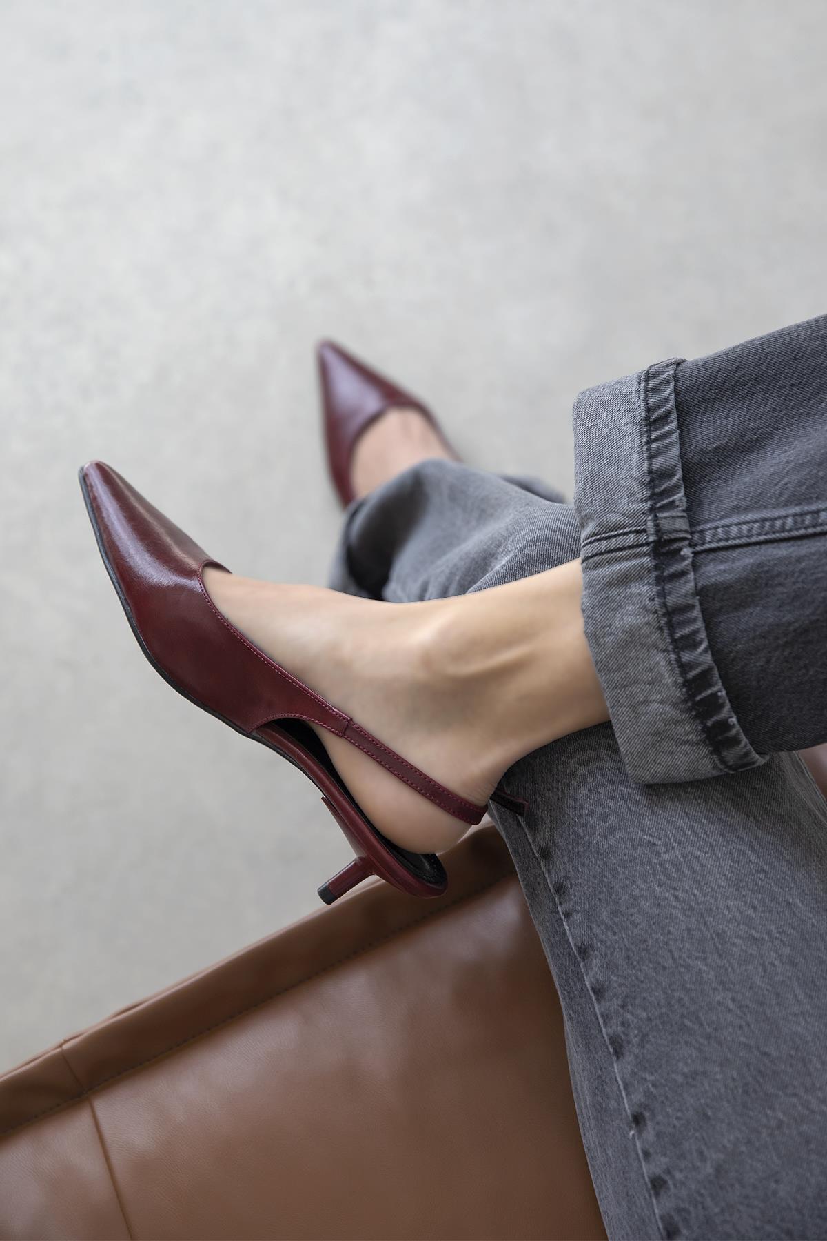 Cuesta  Kadın Topuklu Kırışık Deri Ayakkabı Açık Bordo