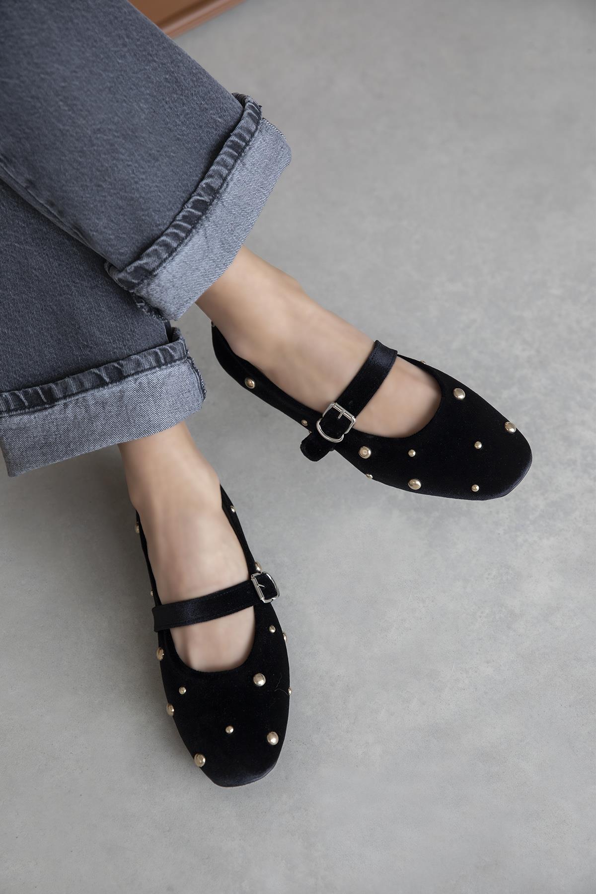 Daphne Kadın Drop Detay Kadife Babet Siyah