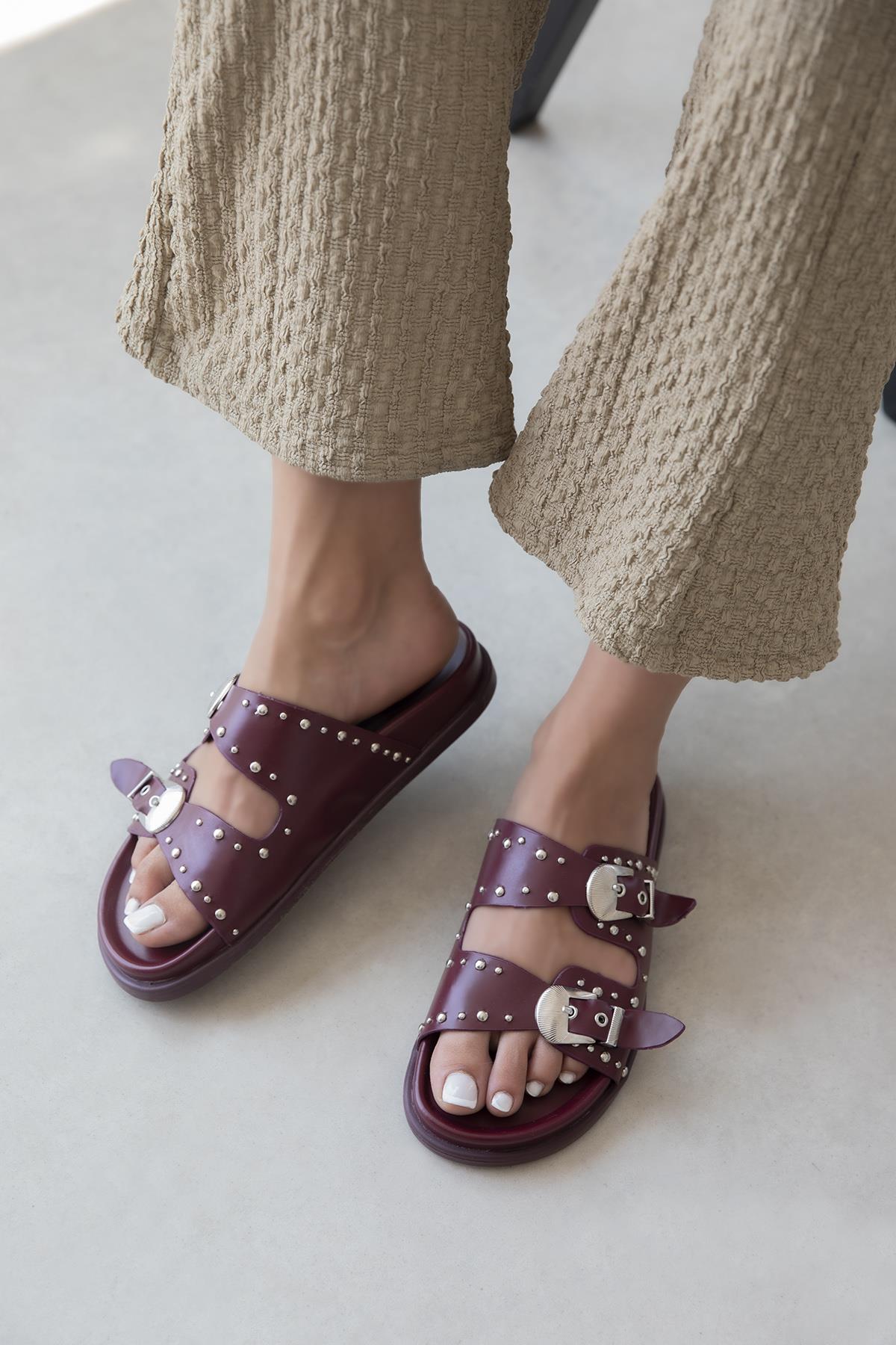 Gavi Kadın Drop Detay Günlük Konfor Deri Terlik Bordo