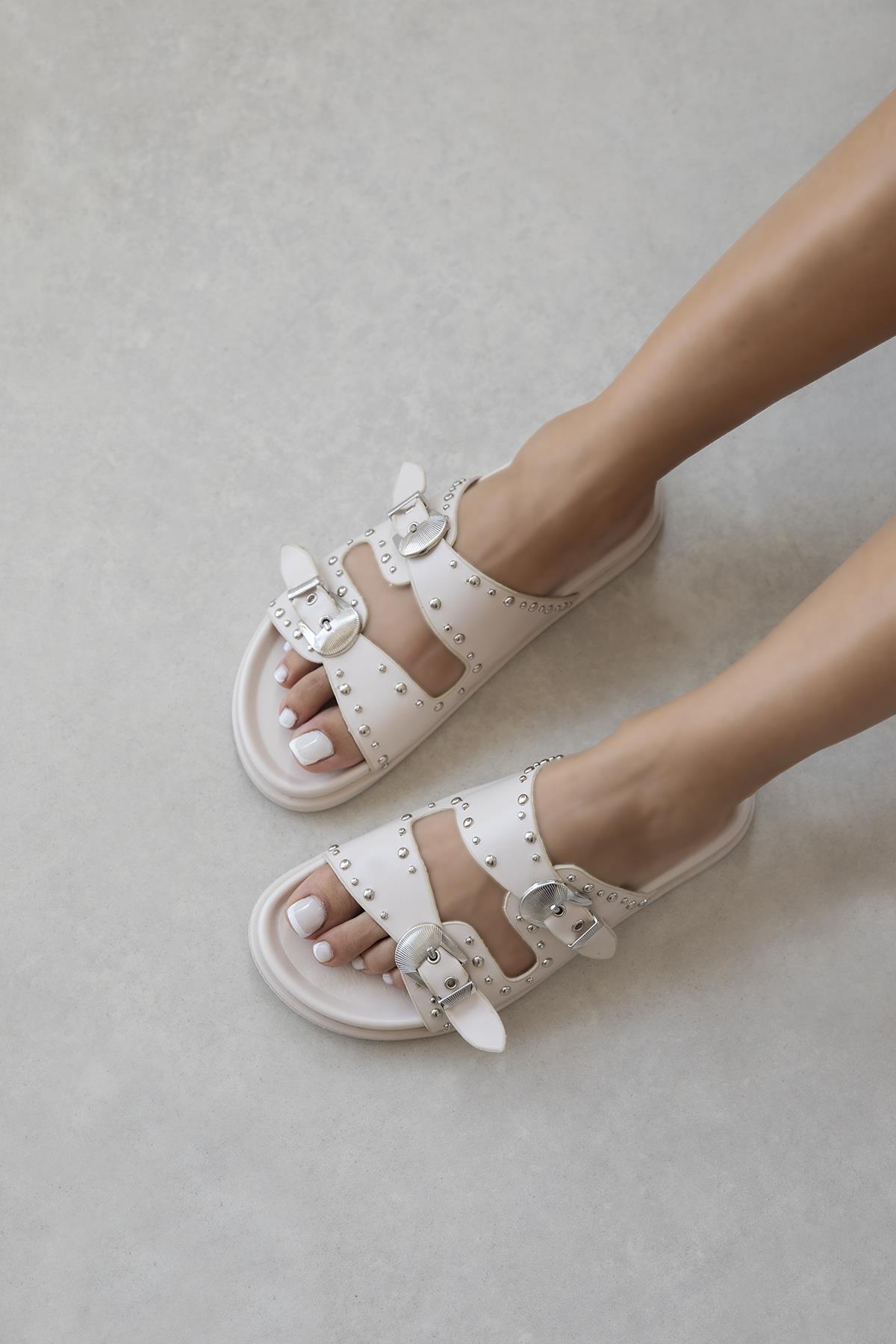 Gavi Kadın Drop Detay Günlük Konfor Deri Terlik Bej