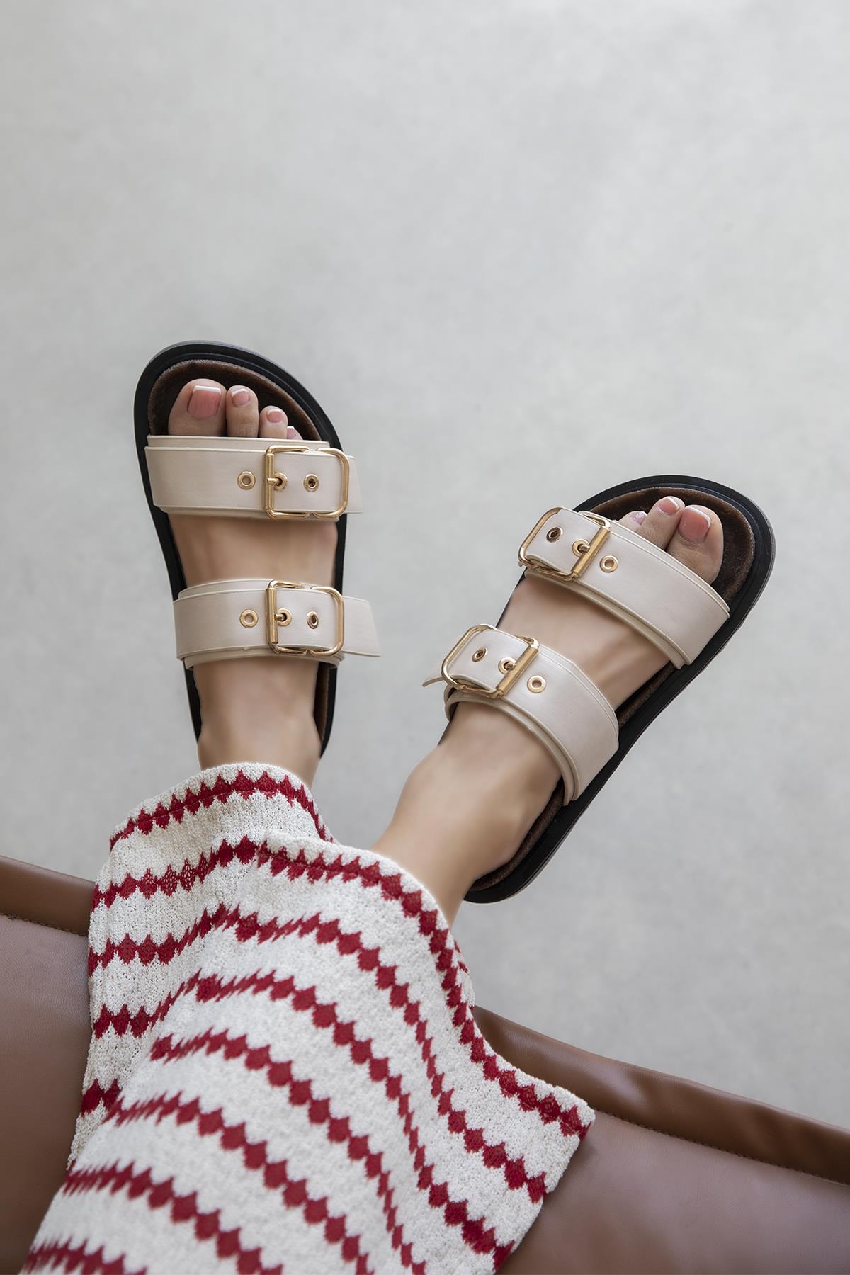 Gita Kadın Toka Detay Günlük Konfor Deri Terlik Bej