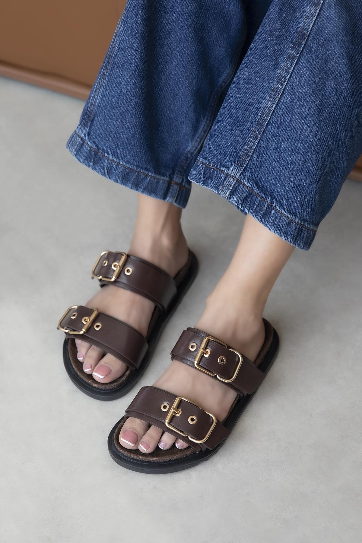 Gita Kadın Toka Detay Günlük Konfor Deri Terlik Kahve