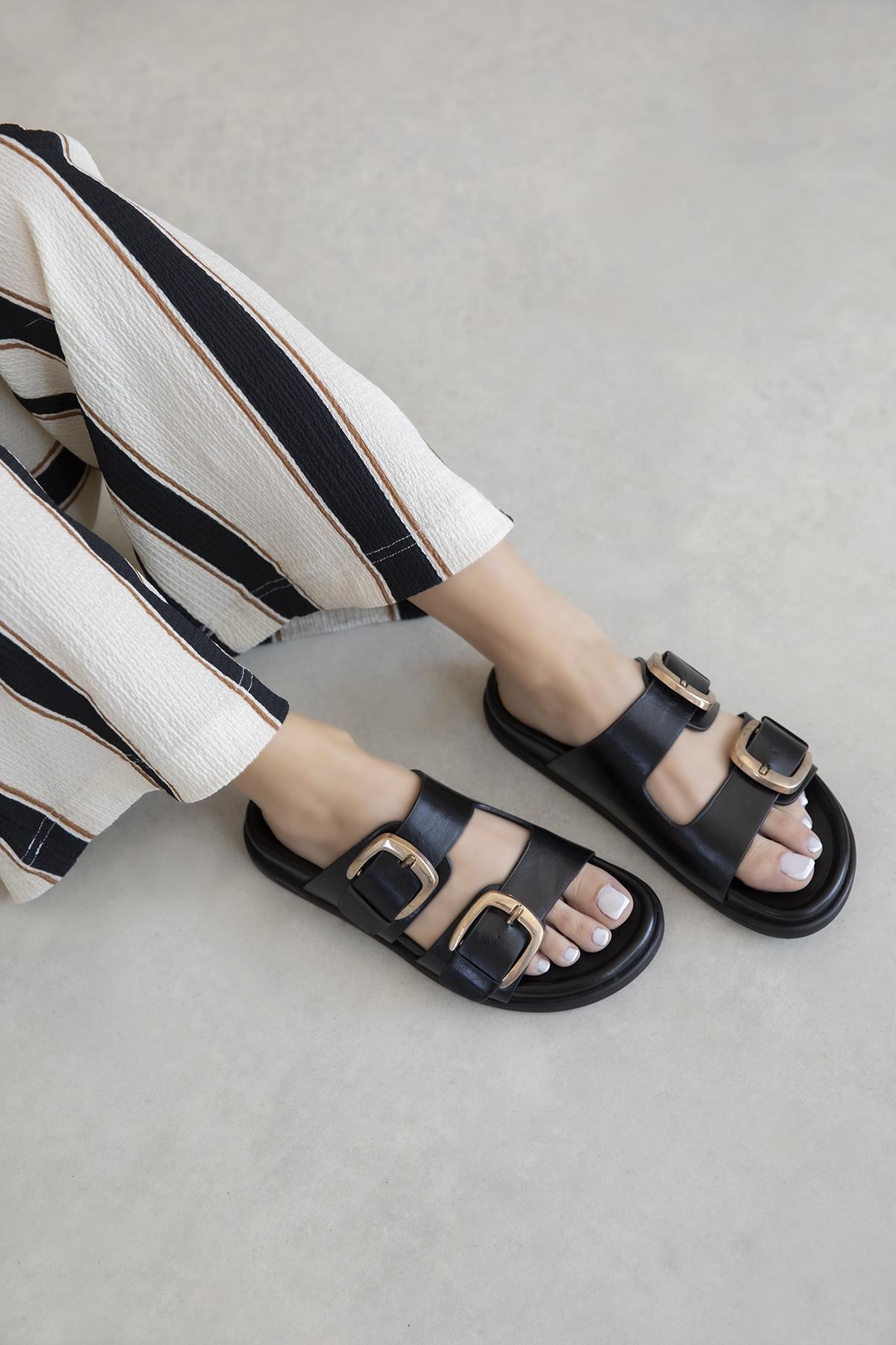 Harden Kadın Toka Detay Günlük Konfor Deri Terlik Siyah