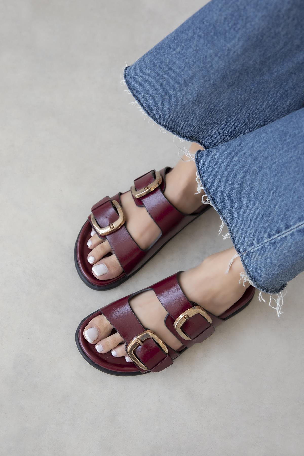 Harden Kadın Toka Detay Günlük Konfor Deri Terlik Bordo