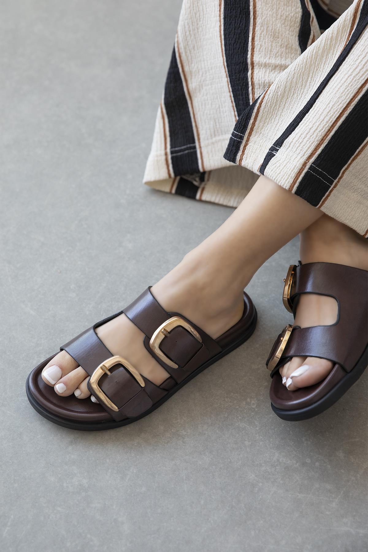 Harden Kadın Toka Detay Günlük Konfor Deri Terlik Kahve