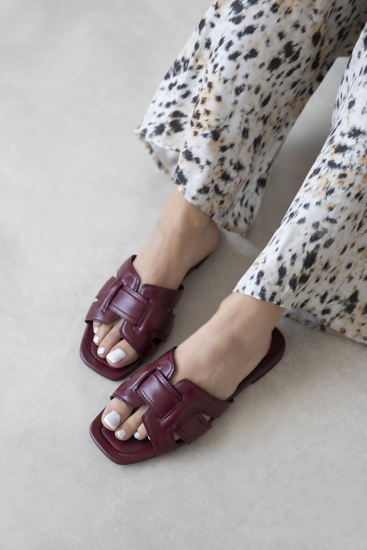 Huxx  Kadın Tek Bant  Günlük Deri Terlik Bordo