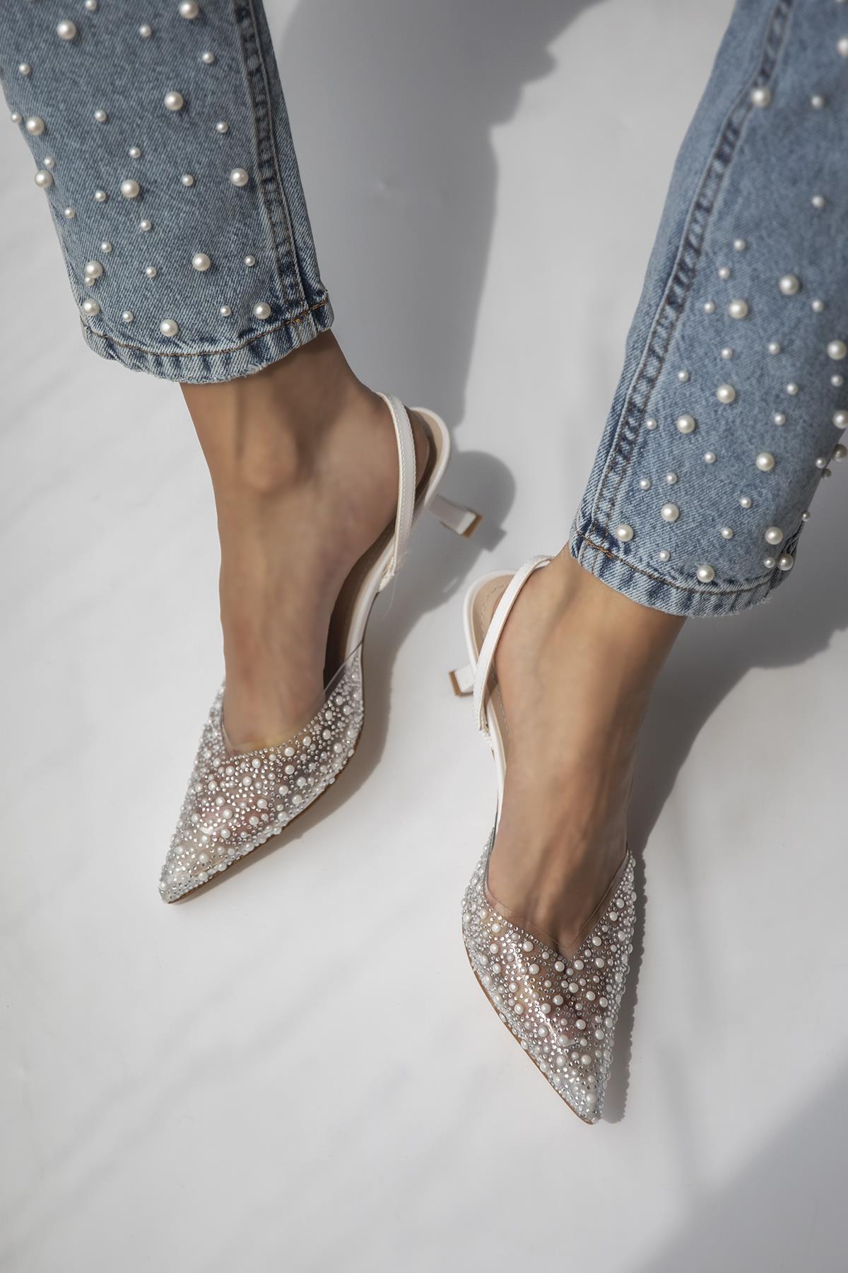 Jessica Kadın Taş Detay Şeffaf Topuklu  Ayakkabı Beyaz