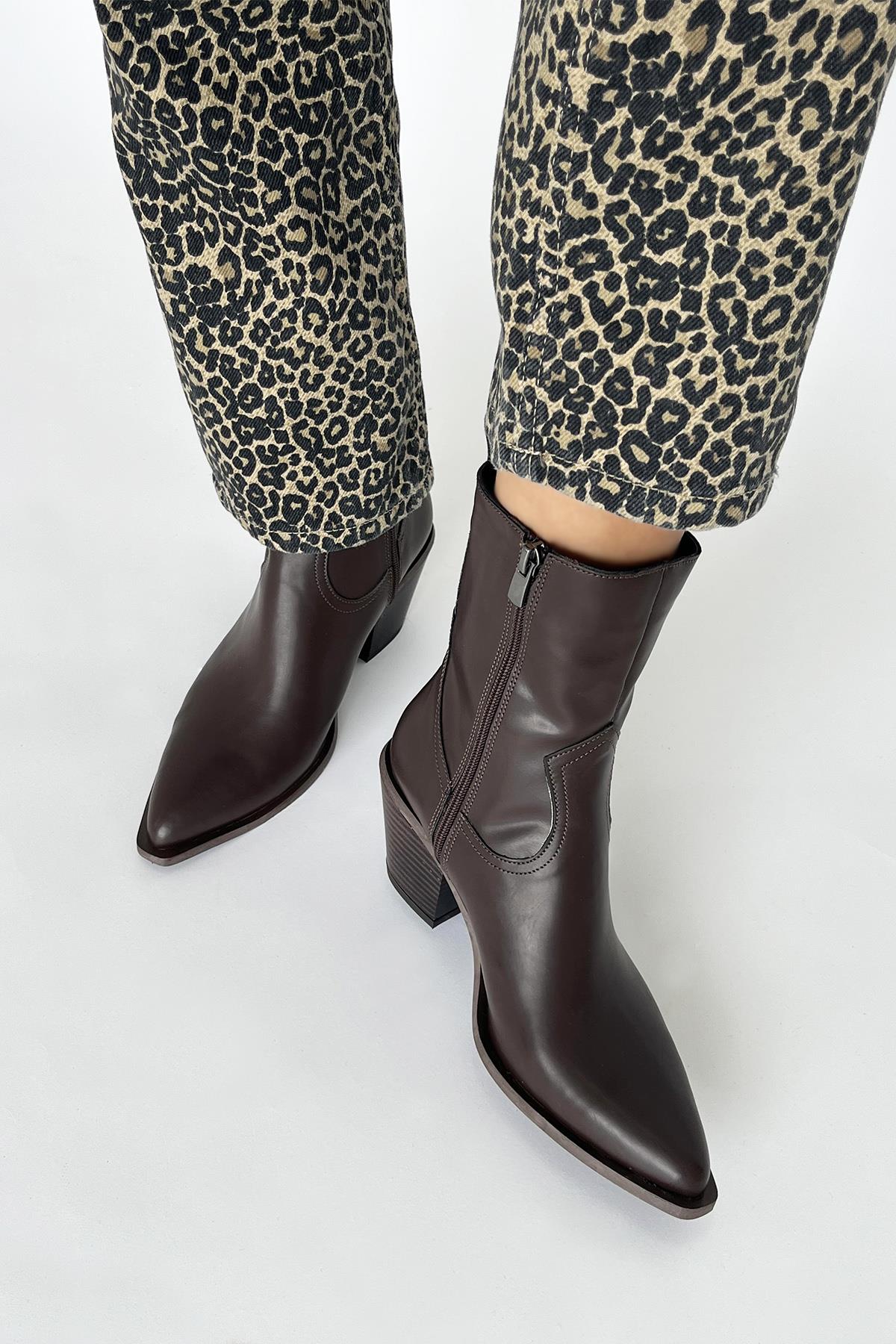 Jose  Kadın   Deri  Topuklu   Bot Kahve