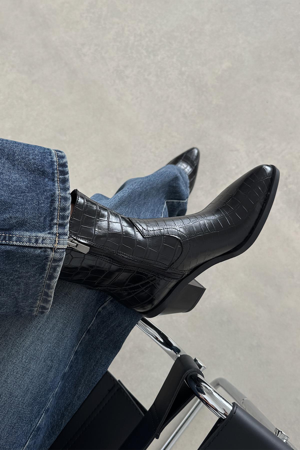 Jose  Kadın  Kroko Deri  Topuklu   Bot Siyah