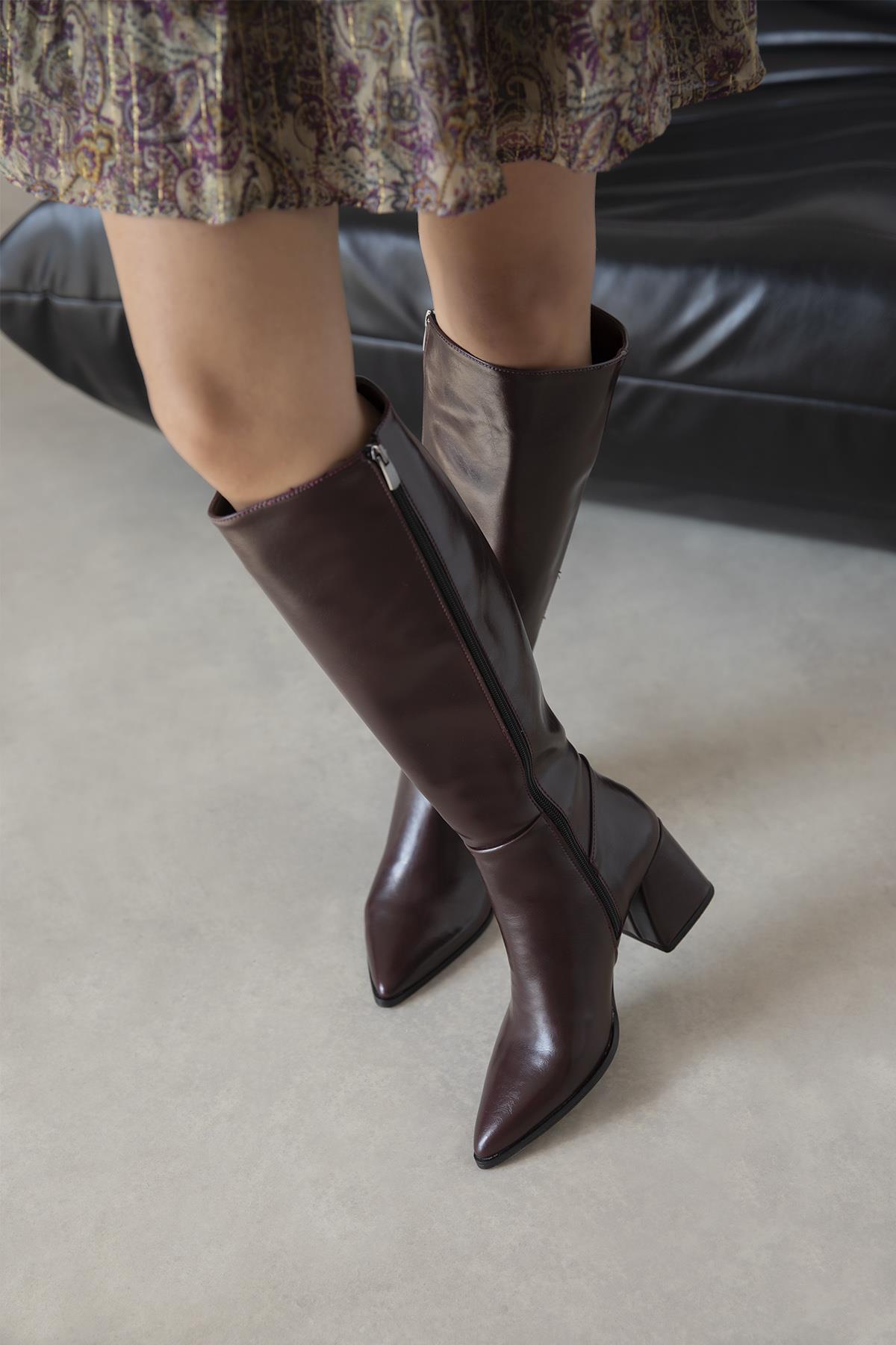 Kamilla Kadın Kırışık Deri Çizme Bordo