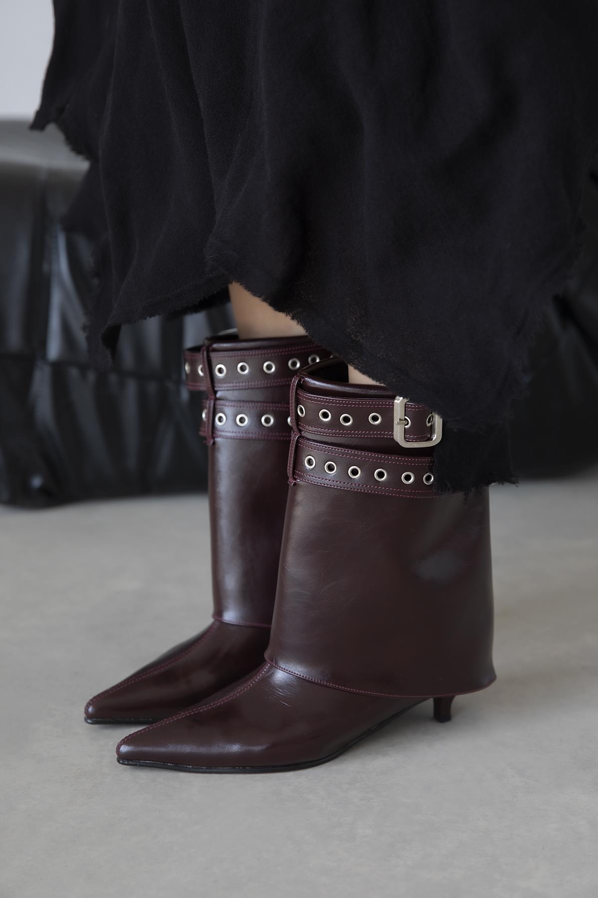 Katy Kadın Aksesuar Detay Kırışık Deri Bot Bordo