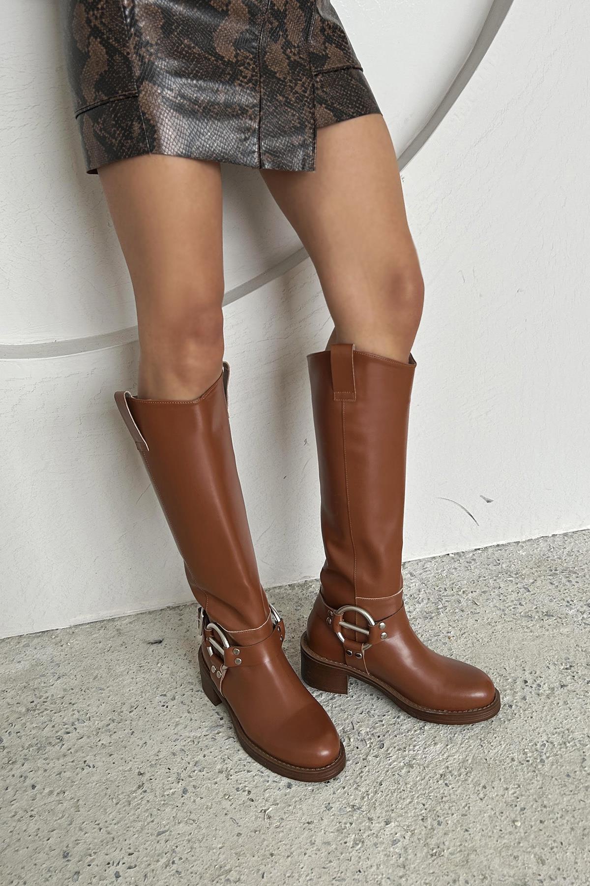 Legend Kadın Kemer Detay Binici  Deri   Çizme Taba