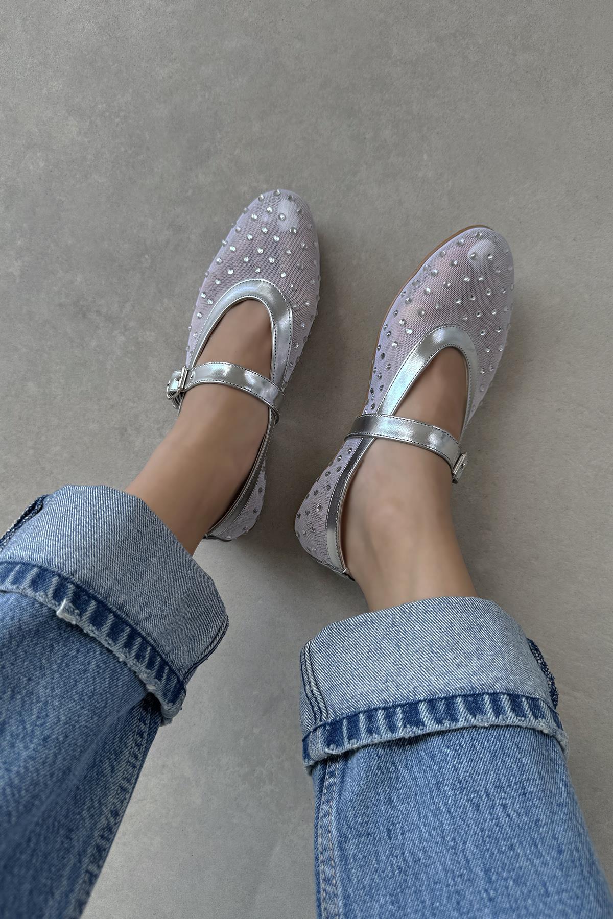 Maxine Kadın File Detay Dantel Taş Babet Gümüş