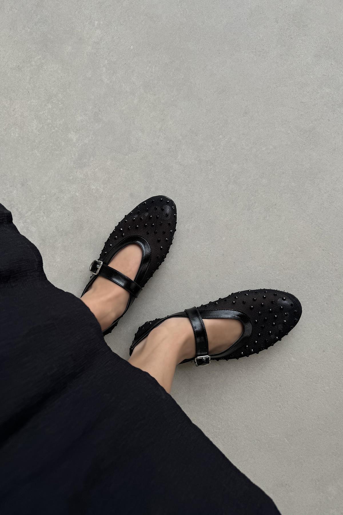 Maxine Kadın File Detay Dantel Taş Babet Siyah