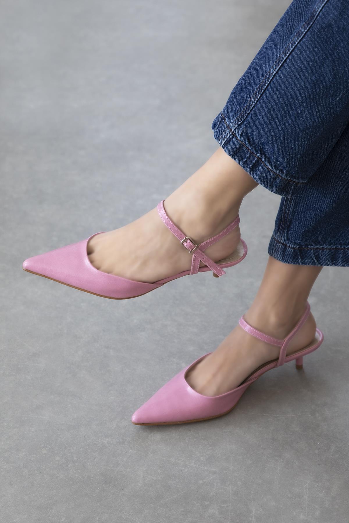 Melvin  Kadın Topuklu Kırışık Deri Ayakkabı Pembe