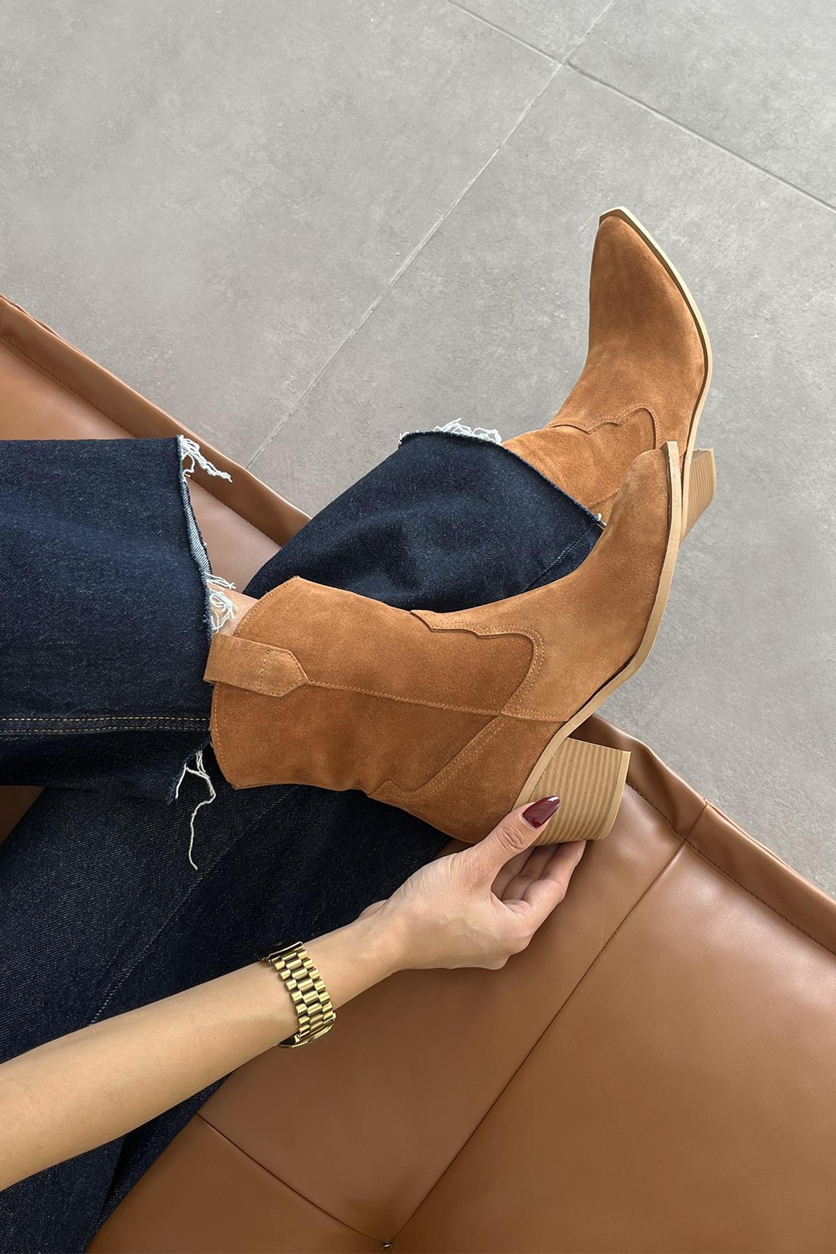 Mercury  Kadın Hakiki Deri Süet Topuklu Bot Taba